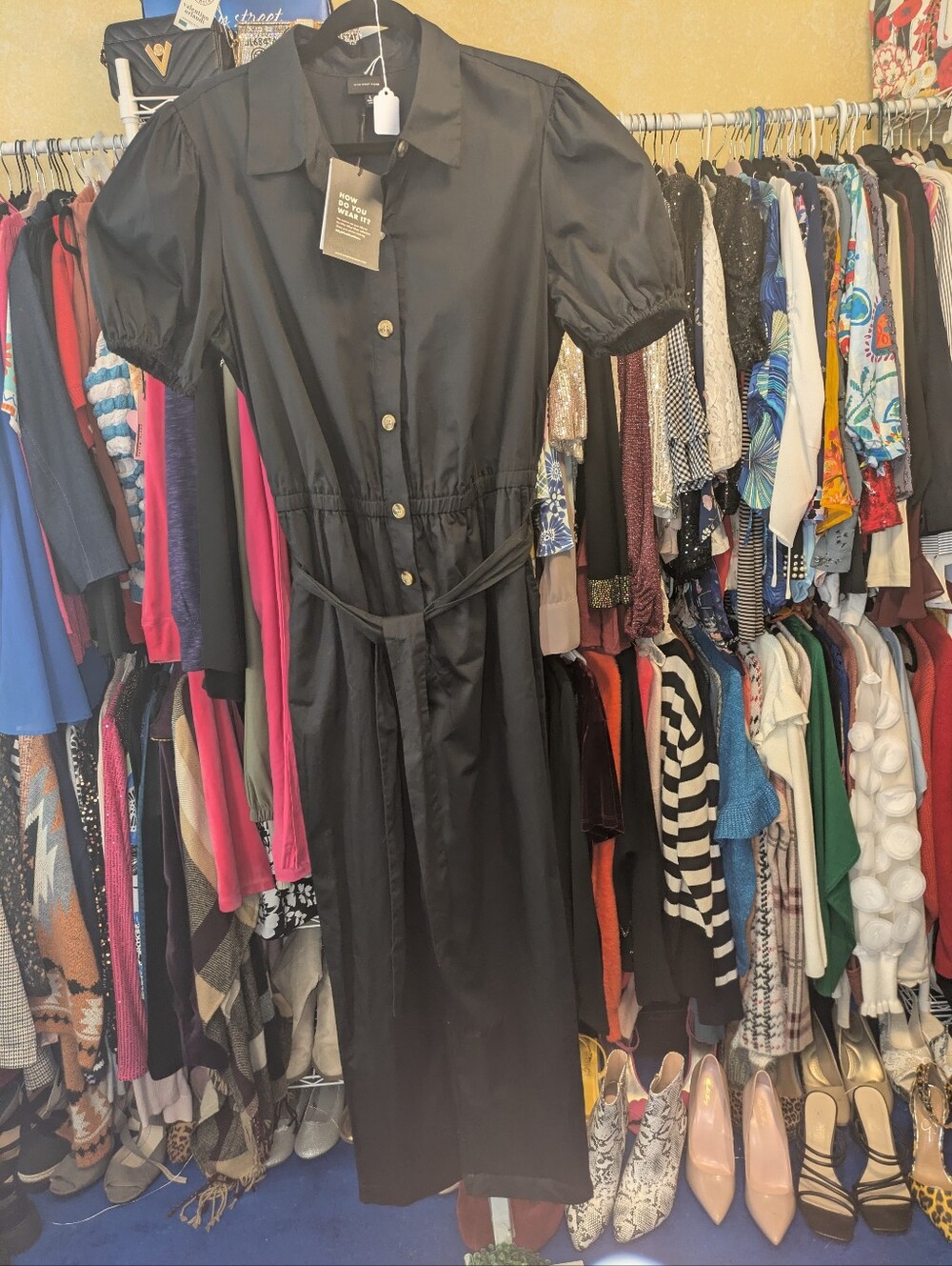 NWT Who What Wear Puff Short Sleeve Button Front Belted Jumpsuit Black L